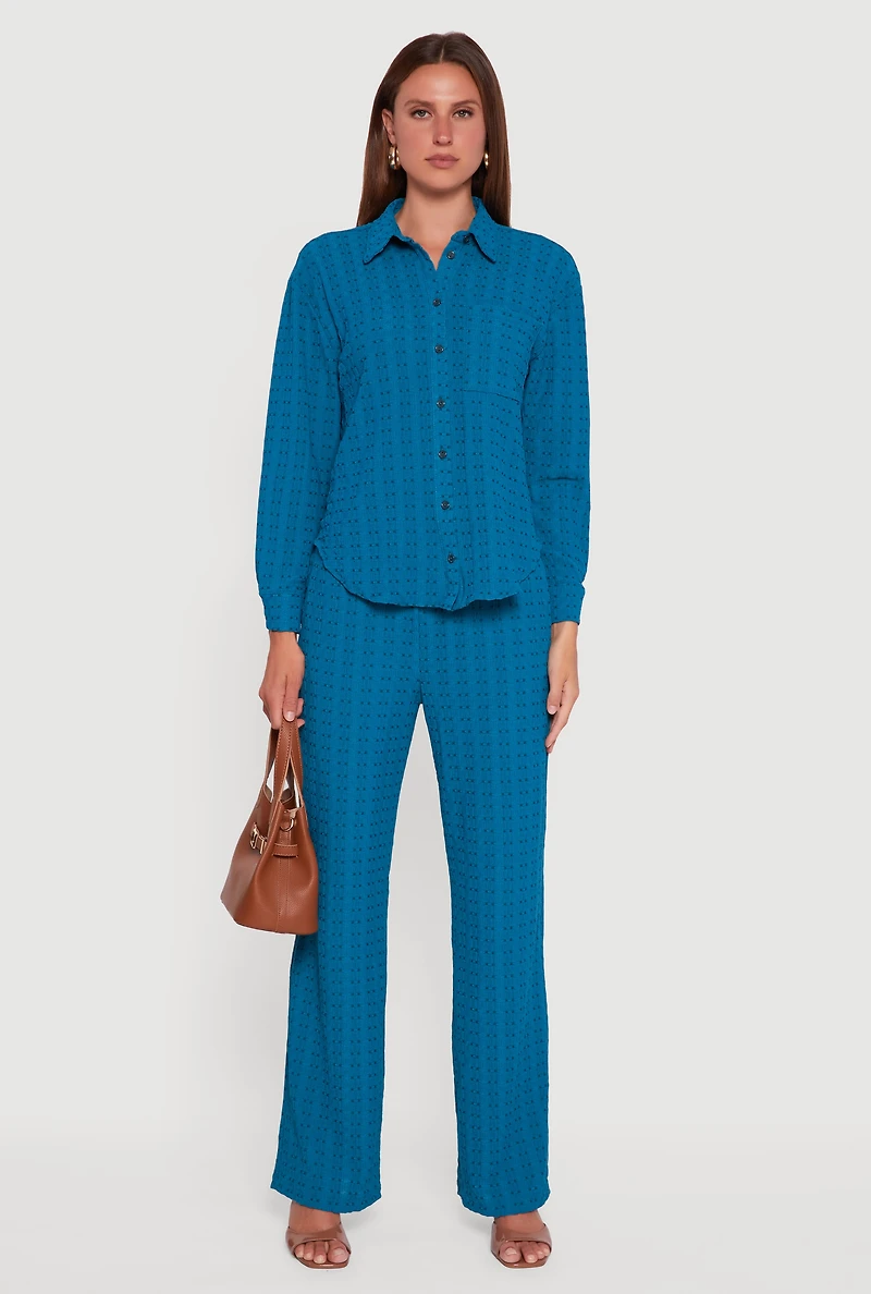 Womens Textured Knit Decorative Stitch Wide Leg Pants, Blue,
