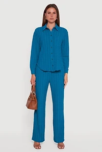 Womens Textured Knit Decorative Stitch Wide Leg Pants, Blue,