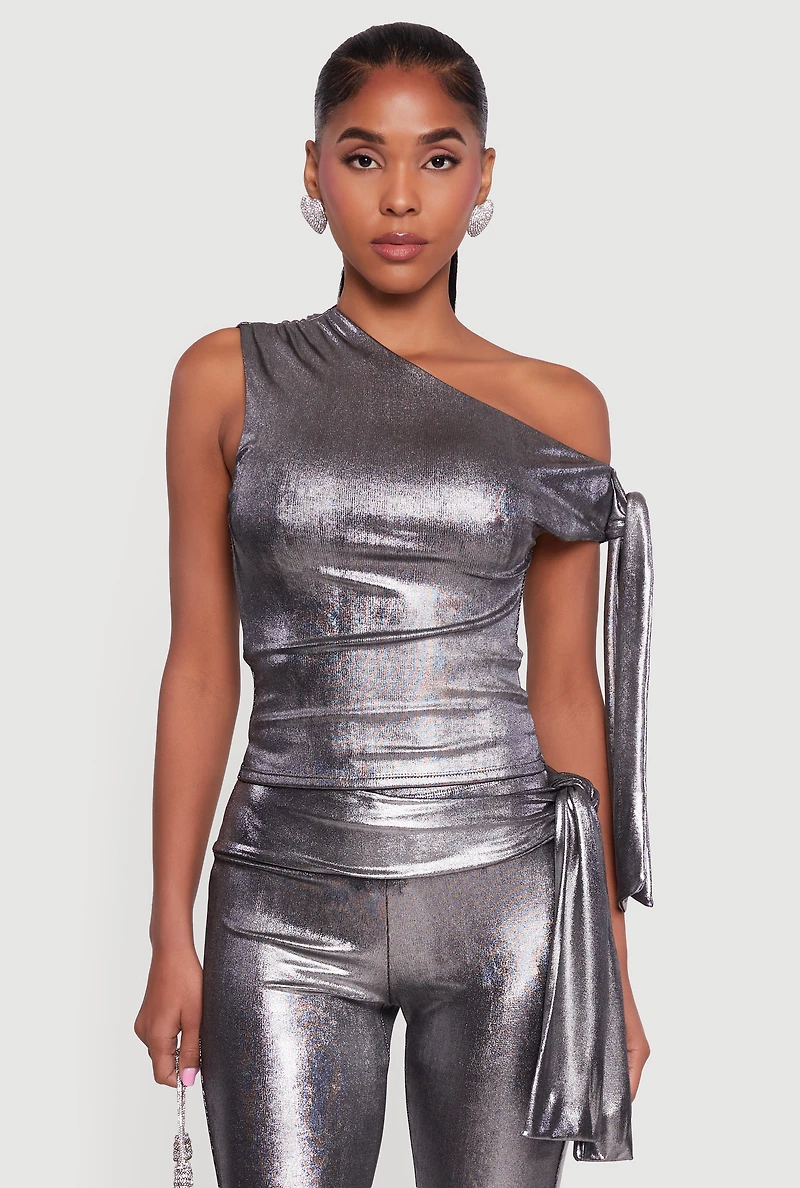 Womens Metallic Knot Strap One Shoulder Top, Grey, Size L