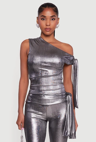 Womens Metallic Knot Strap One Shoulder Top, Grey, Size L