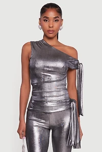 Womens Metallic Knot Strap One Shoulder Top, Grey, Size L