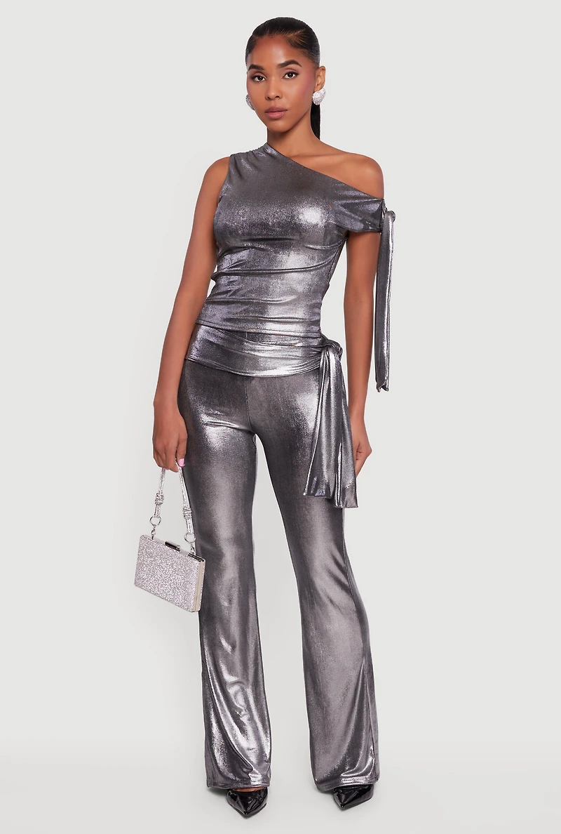 Womens Metallic Knot Strap One Shoulder Top, Grey, Size L