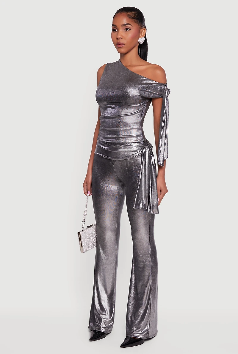 Womens Metallic Knot Strap One Shoulder Top, Grey, Size L