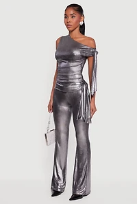 Womens Metallic Knot Strap One Shoulder Top, Grey, Size L