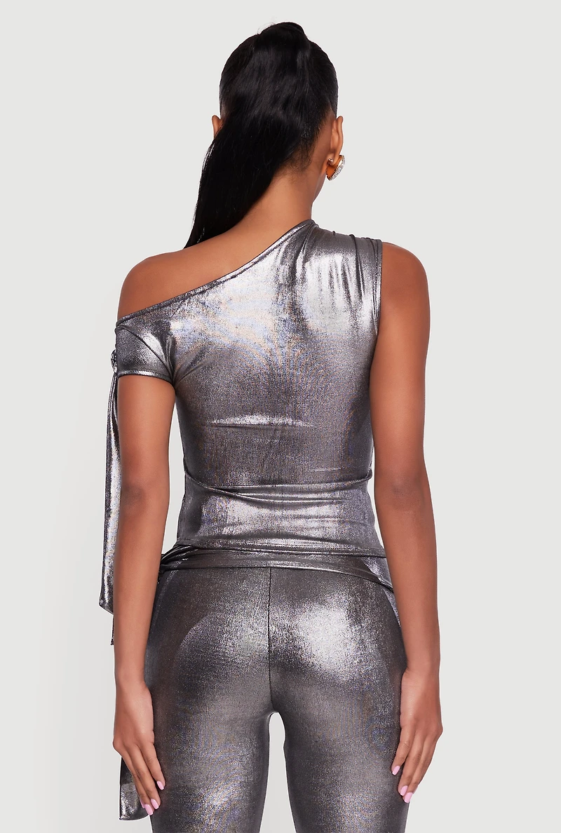 Womens Metallic Knot Strap One Shoulder Top, Grey, Size L