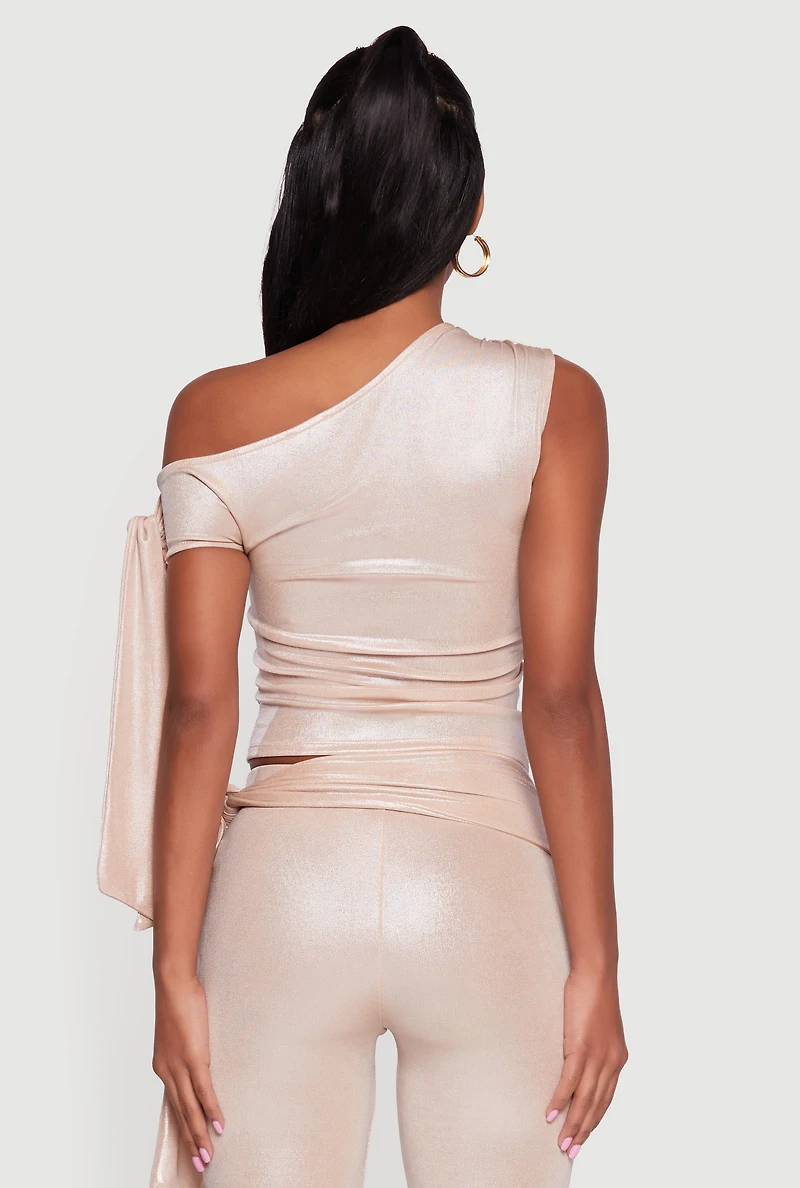 Womens Metallic Knot Strap One Shoulder Top, Beige, Size S