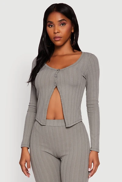 Womens Ribbed Knit V Neck Slit Front Blouse, Grey, Size L