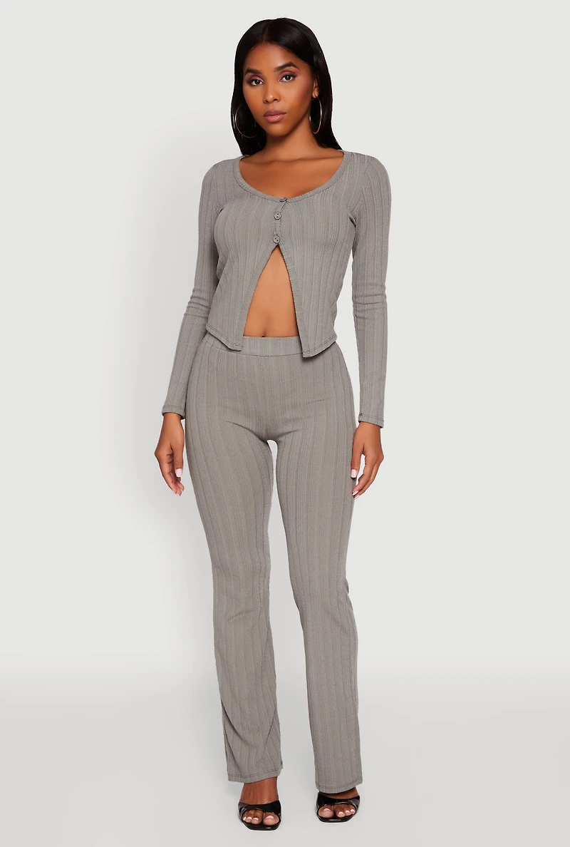 Womens Ribbed Knit V Neck Slit Front Blouse, Grey, Size M