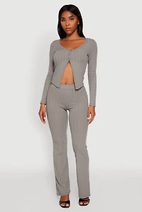 Womens Ribbed Knit V Neck Slit Front Blouse, Grey, Size M