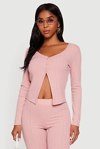 Womens Ribbed Knit V Neck Slit Front Blouse, Pink, Size S