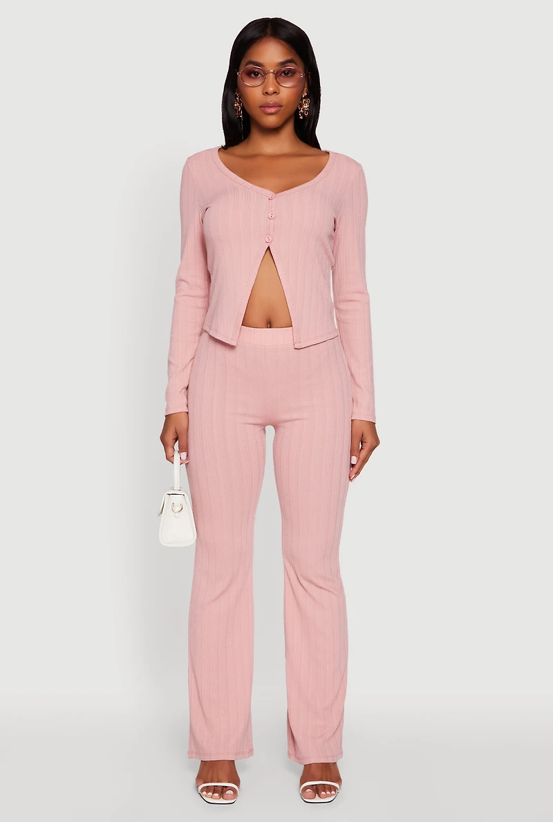 Womens Ribbed Knit V Neck Slit Front Blouse, Pink, Size S