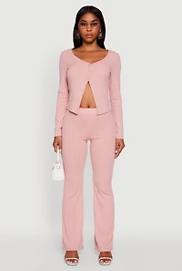 Womens Ribbed Knit V Neck Slit Front Blouse, Pink, Size S