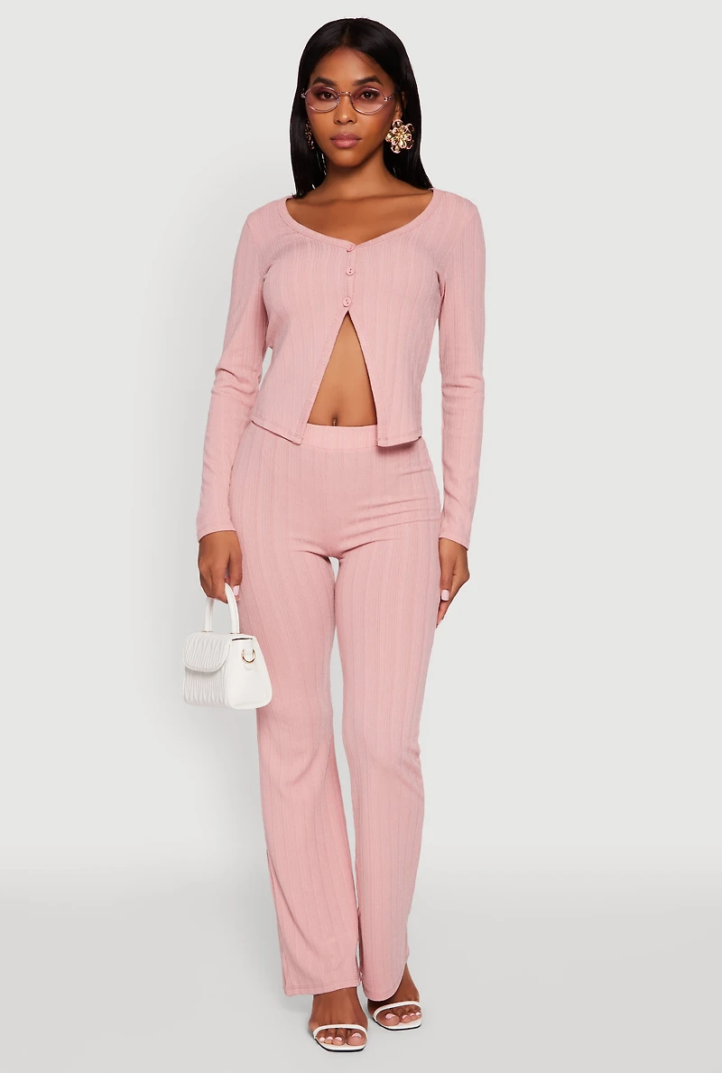 Womens Ribbed Knit V Neck Slit Front Blouse, Pink, Size S