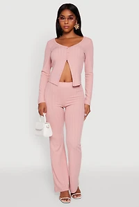 Womens Ribbed Knit V Neck Slit Front Blouse, Pink, Size S