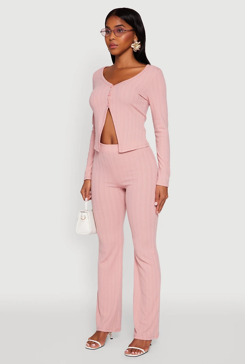 Womens Ribbed Knit V Neck Slit Front Blouse, Pink, Size S