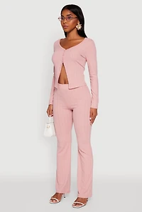 Womens Ribbed Knit V Neck Slit Front Blouse, Pink, Size S