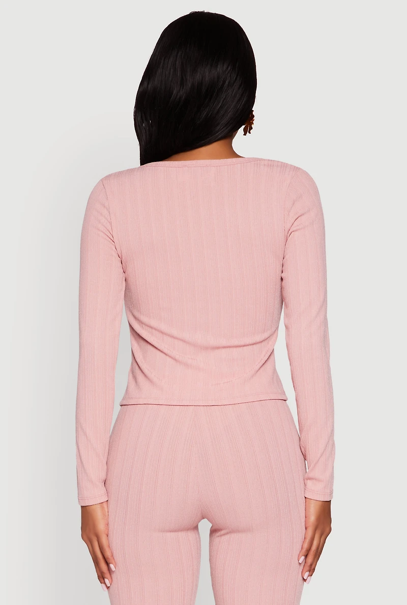 Womens Ribbed Knit V Neck Slit Front Blouse, Pink, Size S