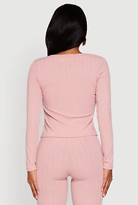 Womens Ribbed Knit V Neck Slit Front Blouse, Pink, Size S