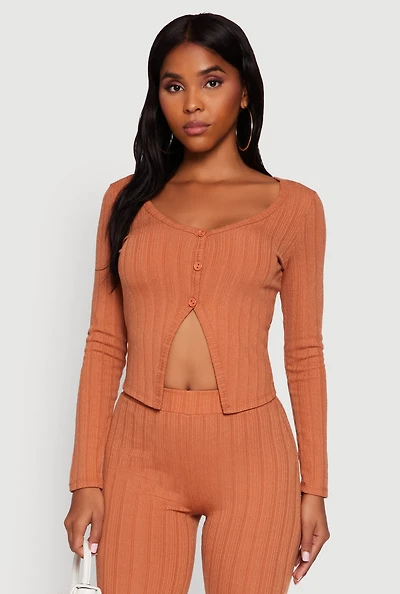 Ribbed Knit V Neck Slit Front Top