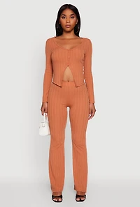 Womens Ribbed Knit V Neck Slit Front Blouse,