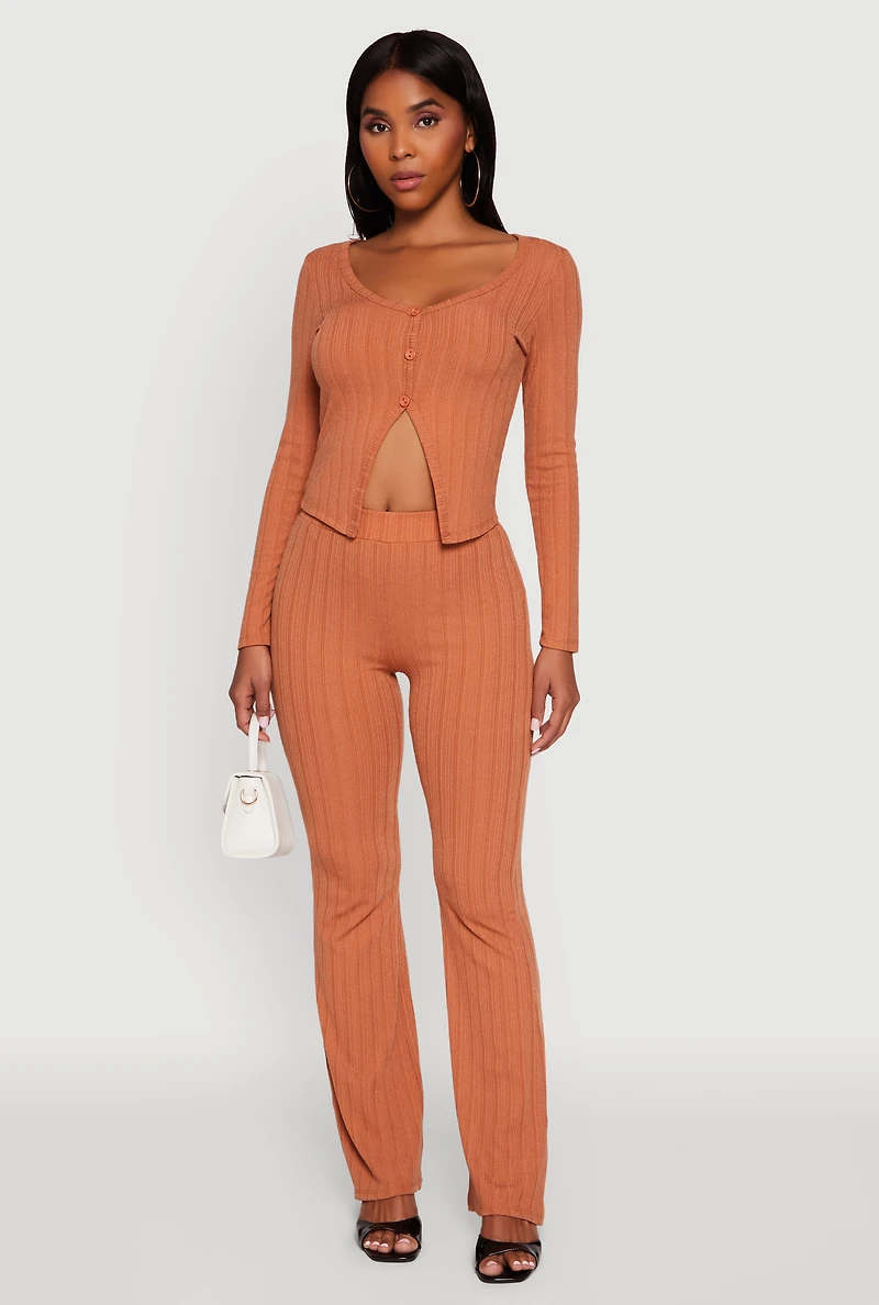 Womens Ribbed Knit V Neck Slit Front Blouse, Brown, Size L