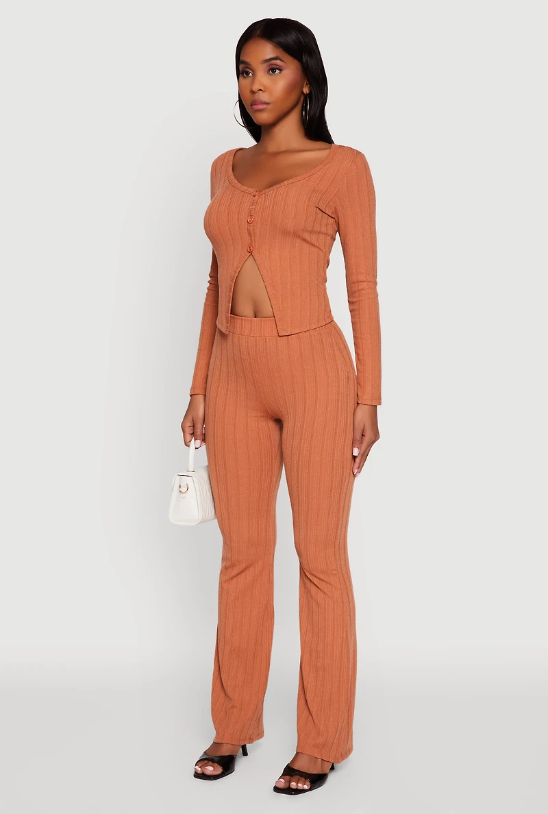 Womens Ribbed Knit V Neck Slit Front Blouse,
