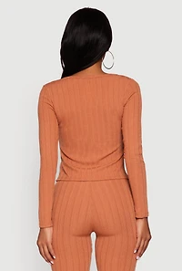 Womens Ribbed Knit V Neck Slit Front Blouse, Brown, Size L