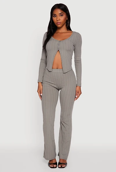 Womens High Waisted Ribbed Knit Flared Pants, Grey, Size S