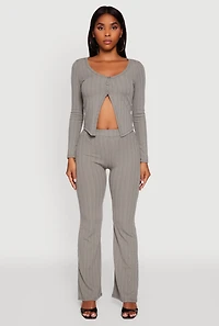 Womens High Waisted Ribbed Knit Flared Pants, Grey, Size S