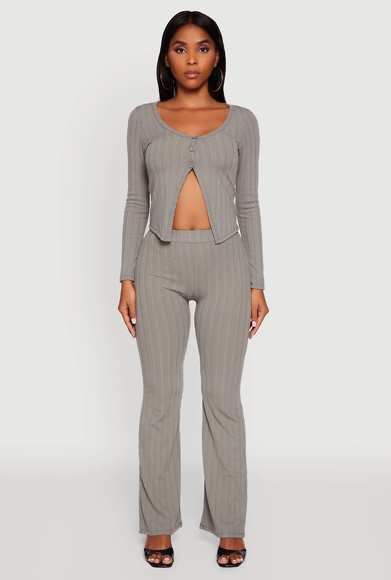 Womens High Waisted Ribbed Knit Flared Pants, Grey,