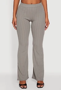Womens High Waisted Ribbed Knit Flared Pants, Grey, Size S