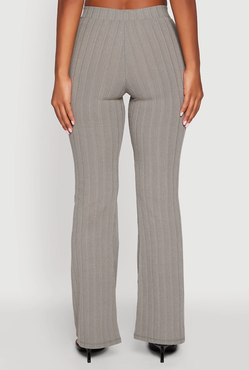 Womens High Waisted Ribbed Knit Flared Pants, Grey, Size S