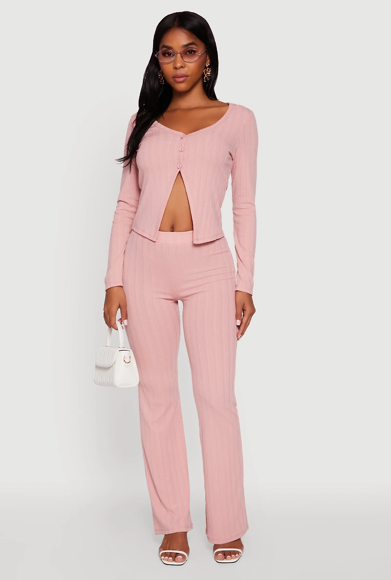 Womens High Waisted Ribbed Knit Flared Pants, Pink, Size XL