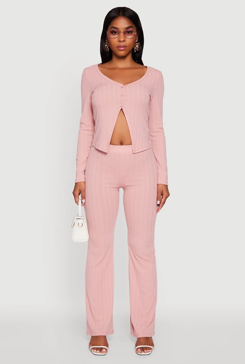 Womens High Waisted Ribbed Knit Flared Pants, Pink, Size XL