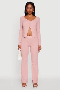 Womens High Waisted Ribbed Knit Flared Pants, Pink, Size XL