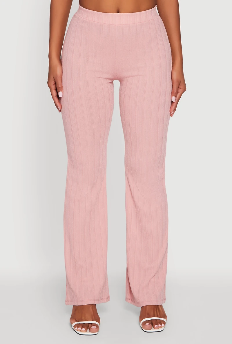 Womens High Waisted Ribbed Knit Flared Pants, Pink, Size XL