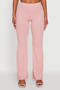 Womens High Waisted Ribbed Knit Flared Pants, Pink, Size XL