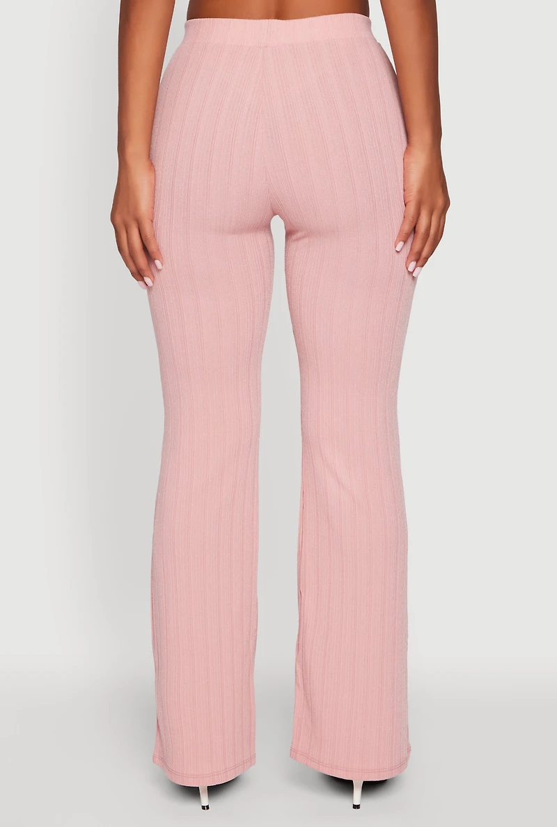 Womens High Waisted Ribbed Knit Flared Pants, Pink, Size XL