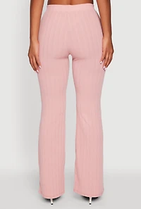 Womens High Waisted Ribbed Knit Flared Pants, Pink,