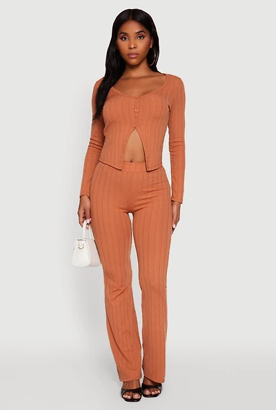 Womens High Waisted Ribbed Knit Flared Pants, Brown, Size M