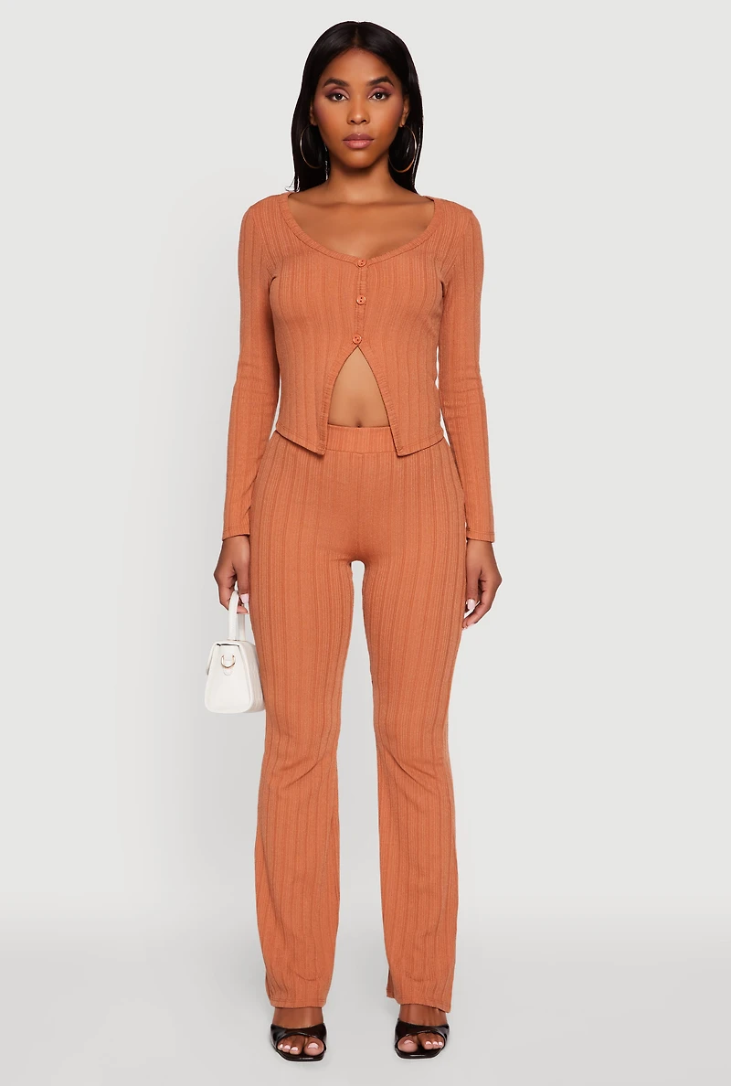 Womens High Waisted Ribbed Knit Flared Pants, Brown, Size M