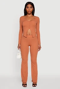 Womens High Waisted Ribbed Knit Flared Pants, Brown, Size XL