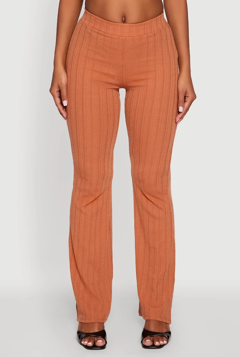 Womens High Waisted Ribbed Knit Flared Pants, Brown, Size M