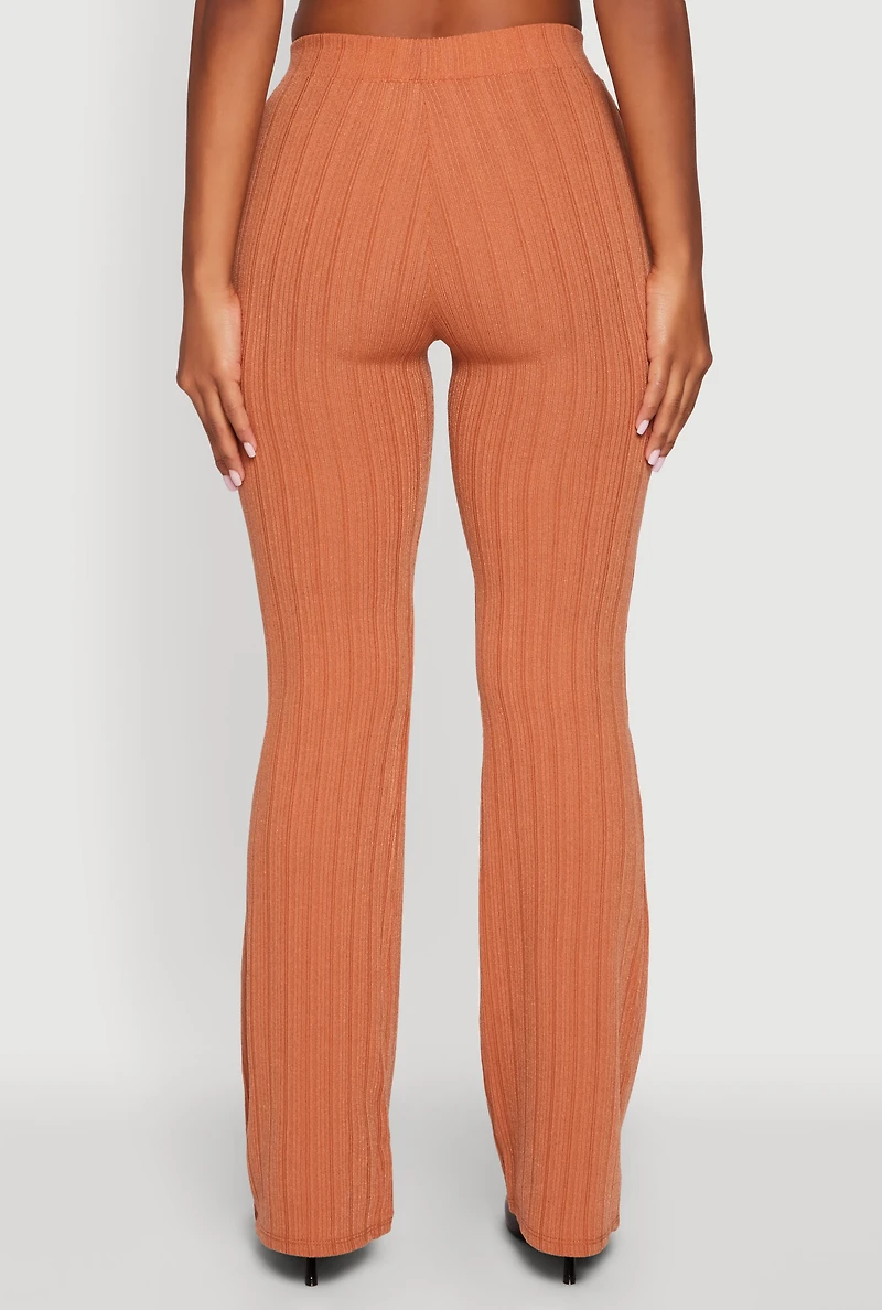 Womens High Waisted Ribbed Knit Flared Pants, Brown, Size M
