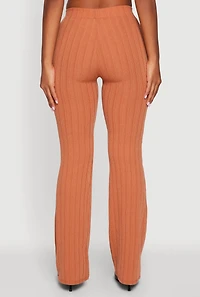Womens High Waisted Ribbed Knit Flared Pants, Brown, Size M