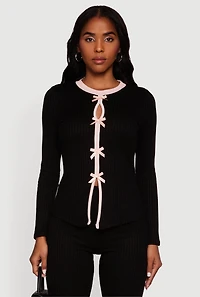 Ribbed Knit Long Sleeve Crew Neck Top with Bows