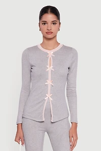 Ribbed Knit Long Sleeve Crew Neck Top with Bows