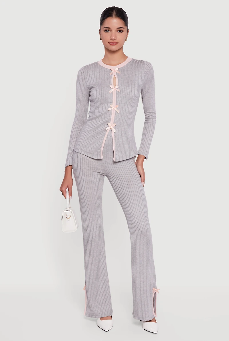 Ribbed Knit Long Sleeve Crew Neck Top with Bows