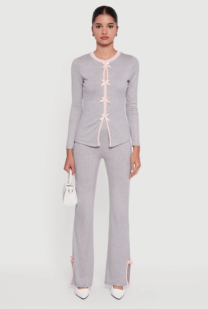 Ribbed Knit Long Sleeve Crew Neck Top with Bows