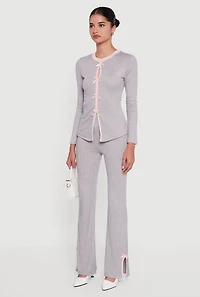 Ribbed Knit Long Sleeve Crew Neck Top with Bows